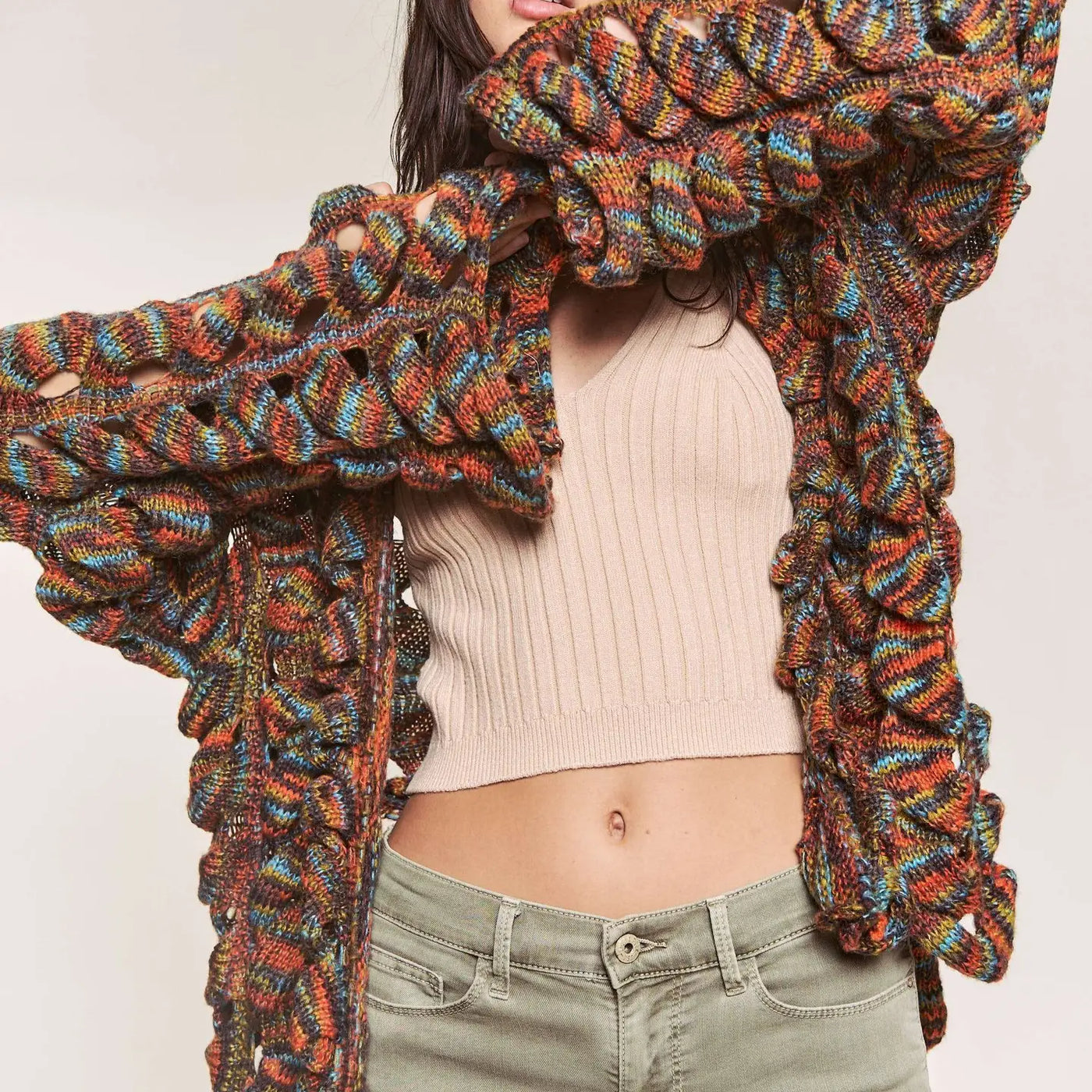 Funky Threads Multi Color Open Long Sleeve Sweater Cardigan - RUST