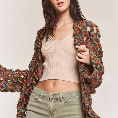 Funky Threads Multi Color Open Long Sleeve Sweater Cardigan - RUST