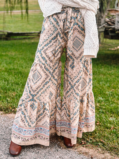 Taupe Floral Print Tiered Wide Pants
