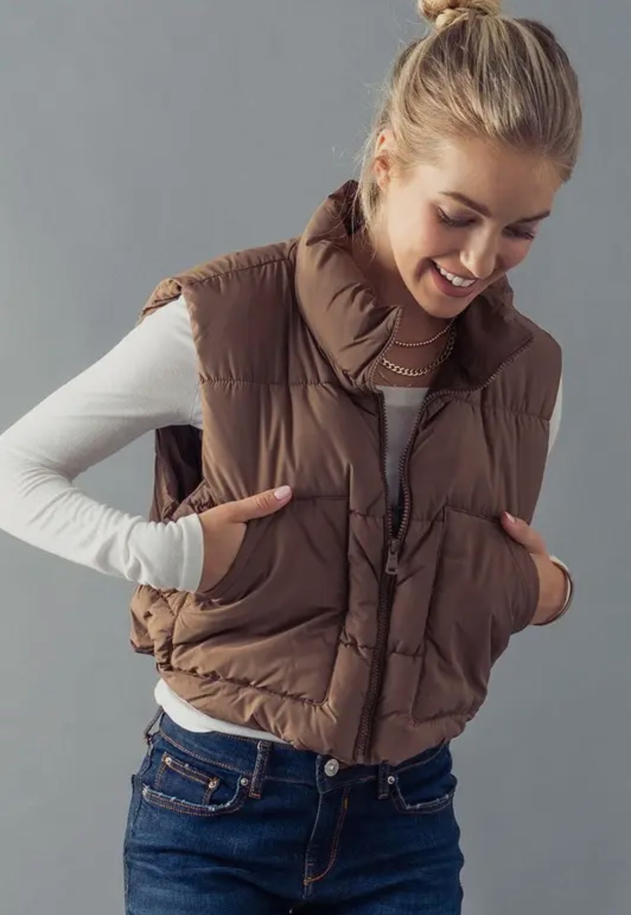 Brown Cropped Puffer Vest
