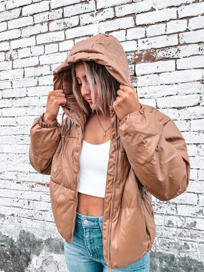 Camel Faux Leather Puffer Jacket