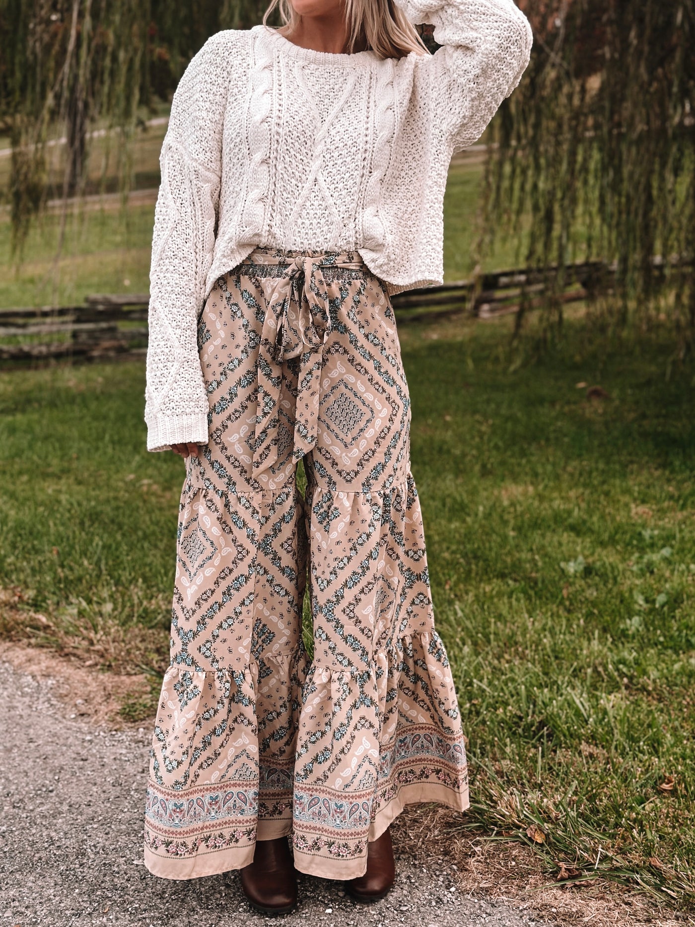Taupe Floral Print Tiered Wide Pants