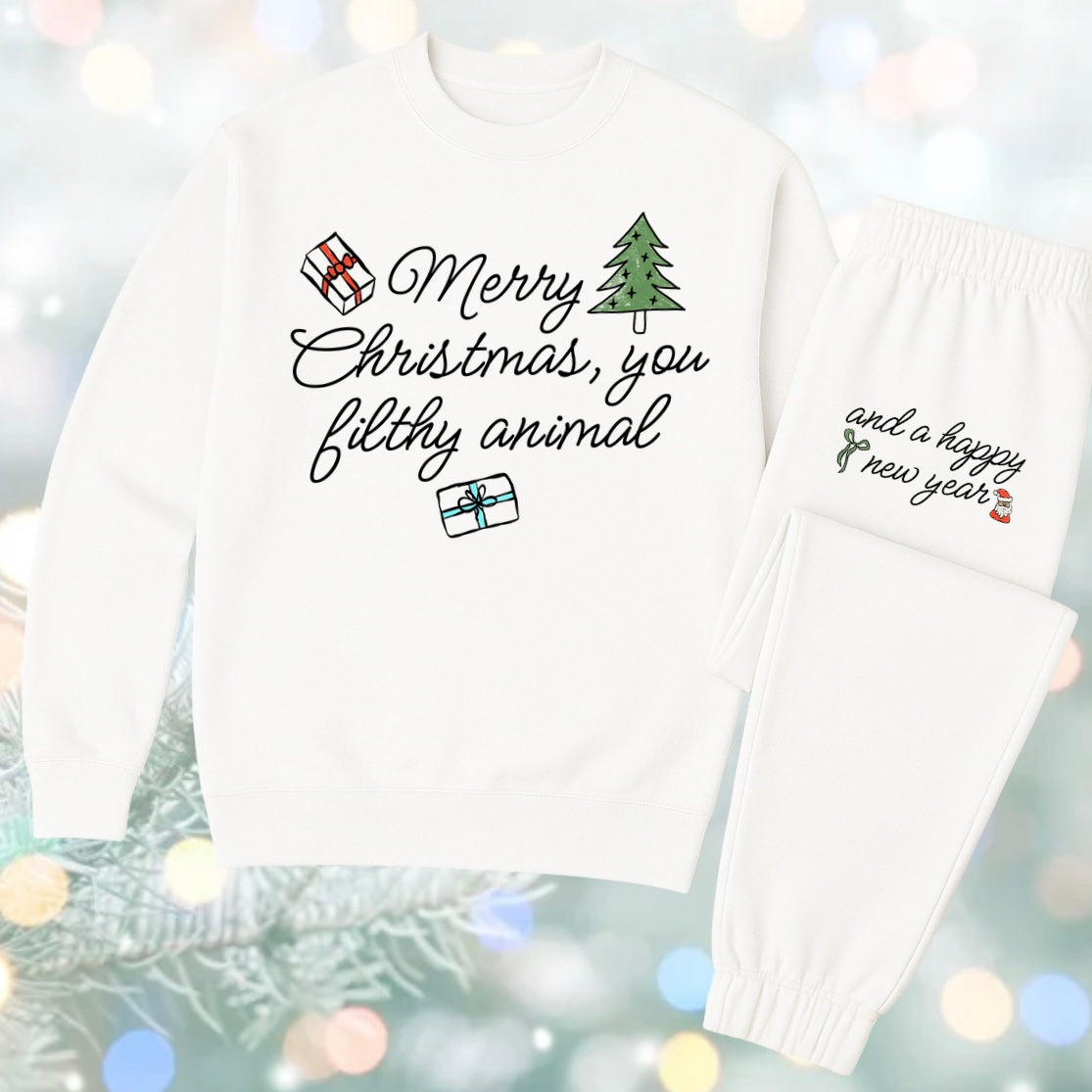 Merry Christmas Ya Filthy Animal White Jogger Set