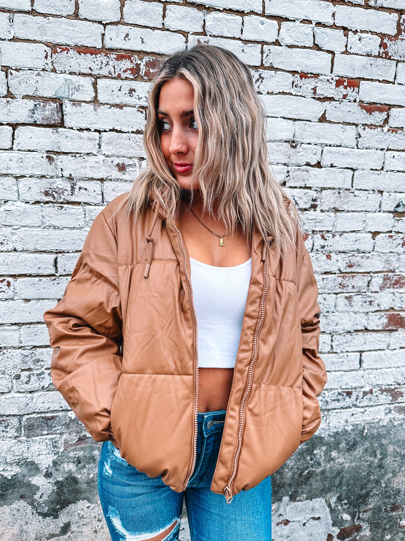 Camel Faux Leather Puffer Jacket