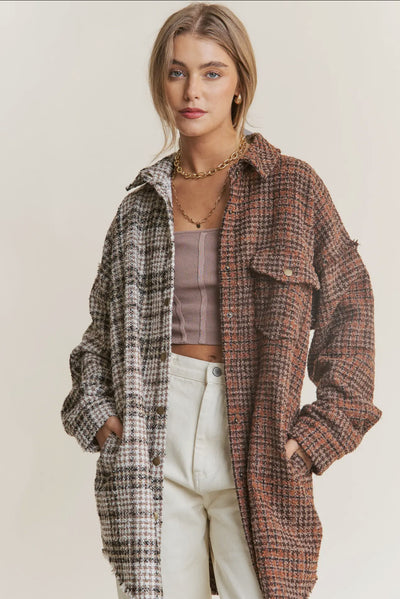 Dual-Tone Houndstooth Jacket with Chic Appeal - Hot Chocolate