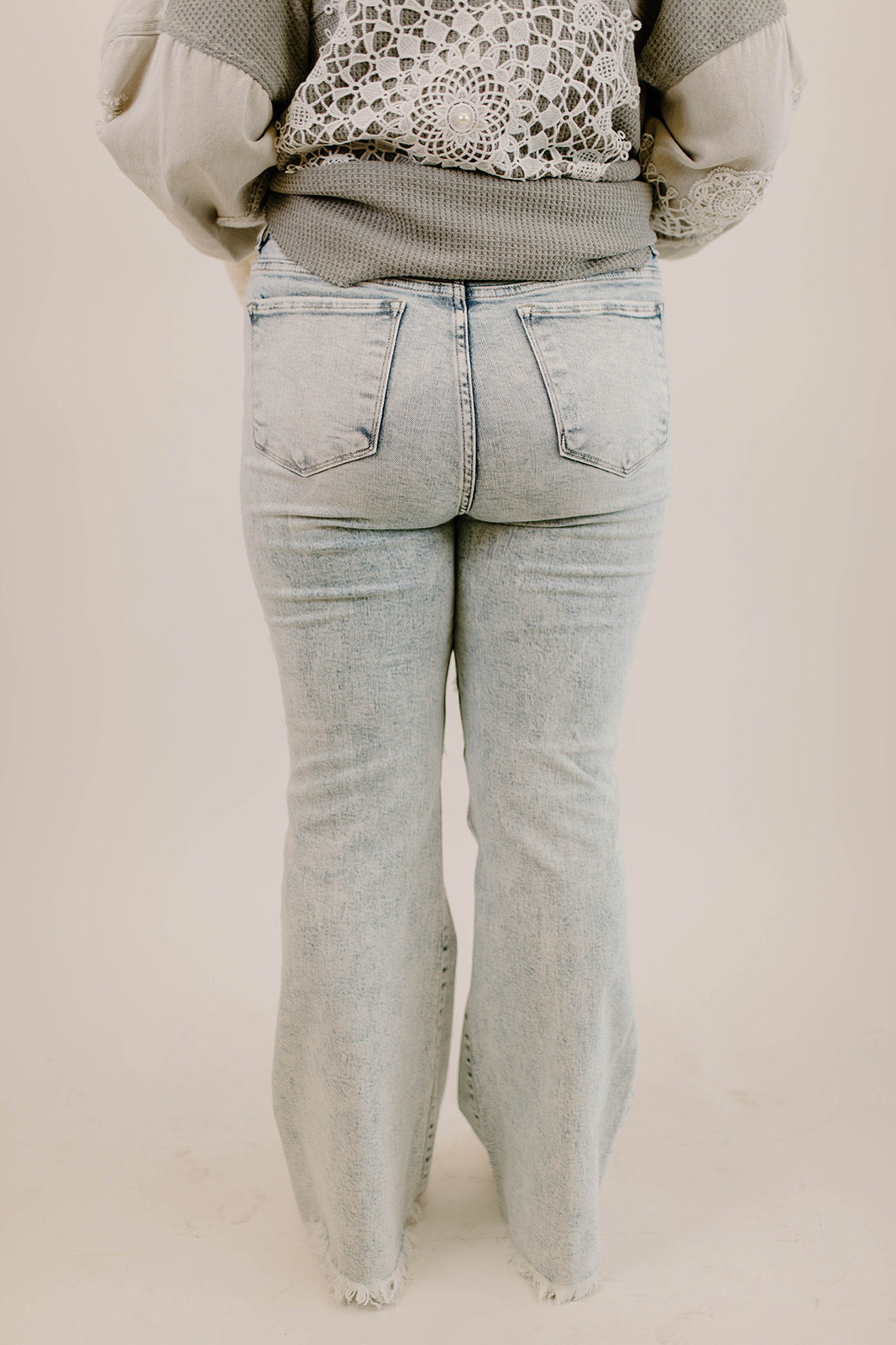 Light Acid Washed Frayed Hem Distressed Flare Jeans