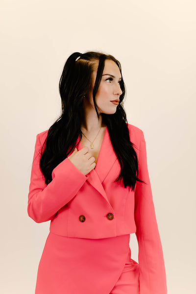 Double Breasted Lapel Collar Cropped Blazer - Hot Pink