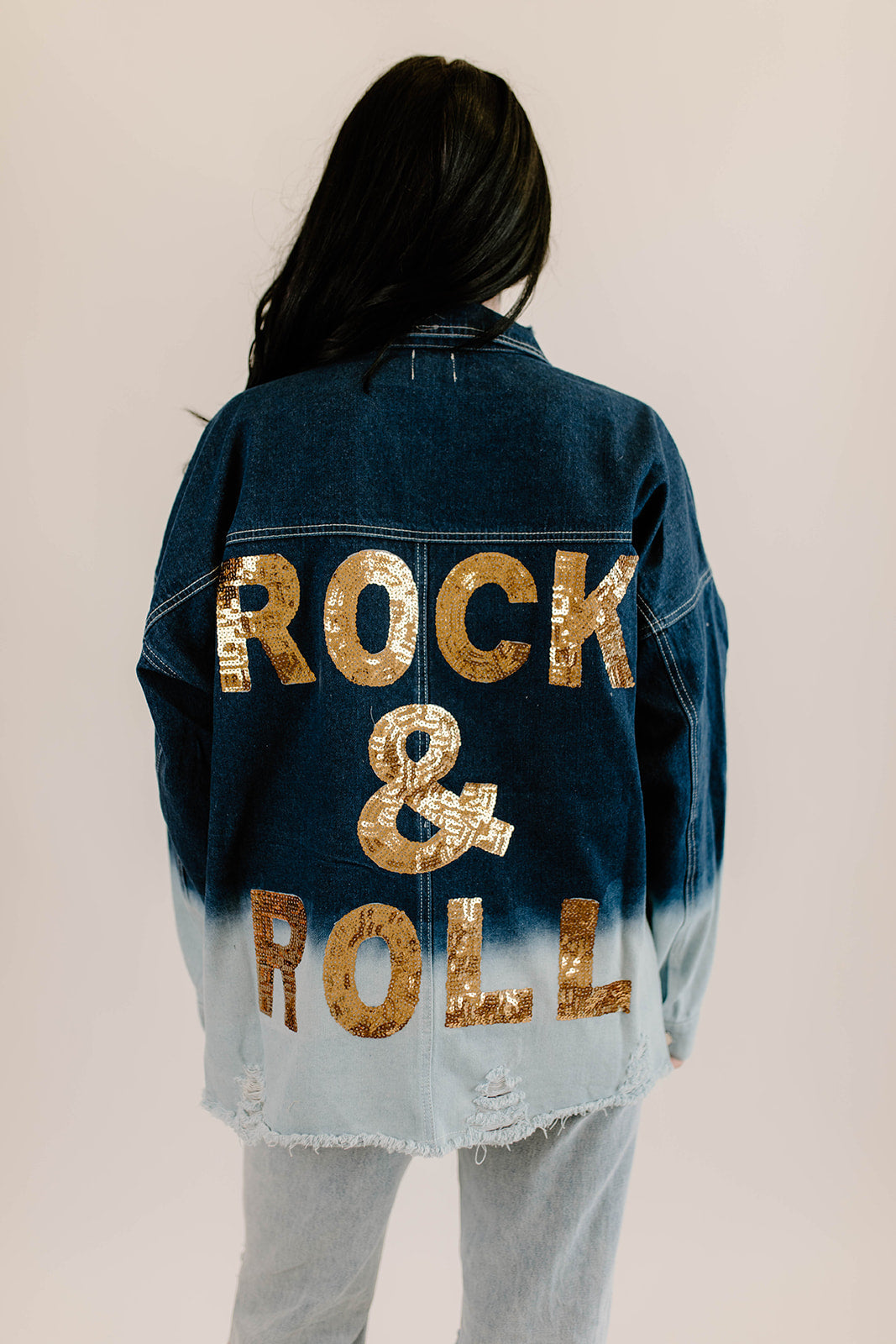 Rock & Roll Distressed Ombre Denim Jacket - Denim Blue
