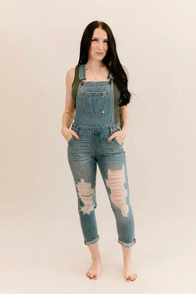 Small Town Girl Distressed Cuffed Overalls