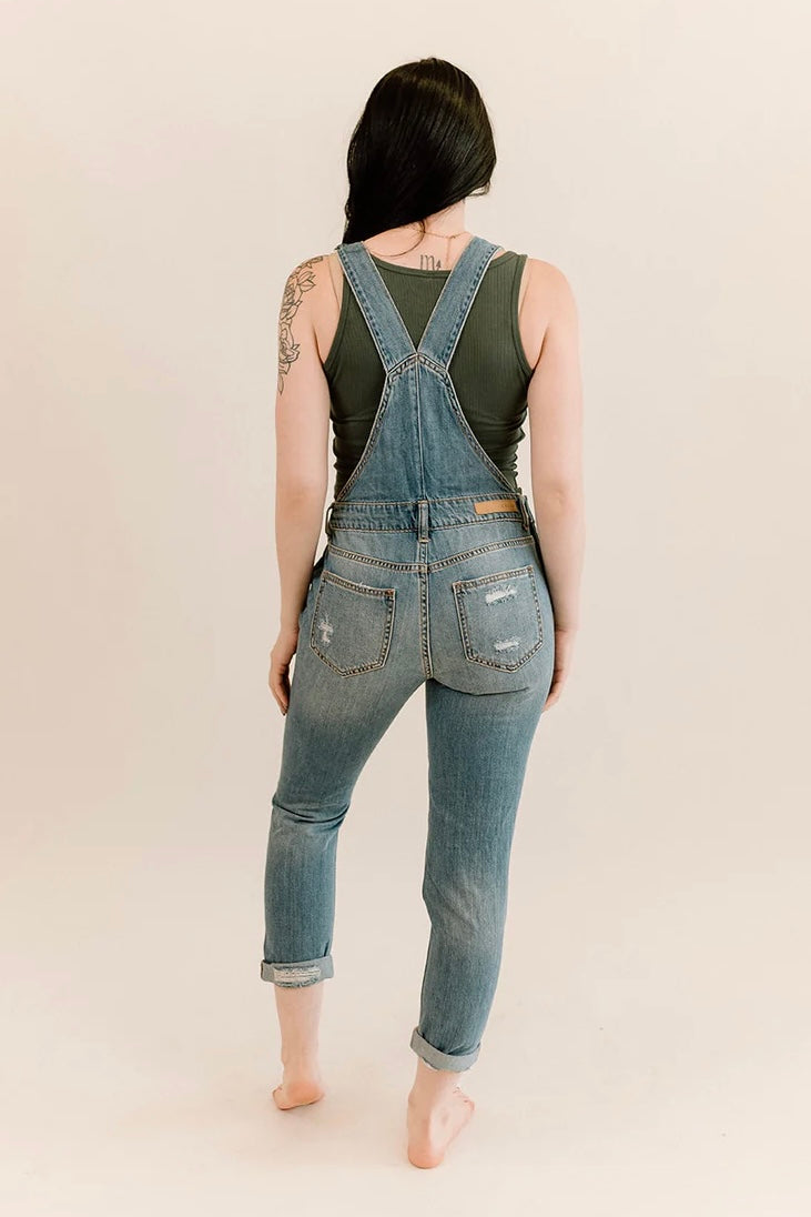 Small Town Girl Distressed Cuffed Overalls