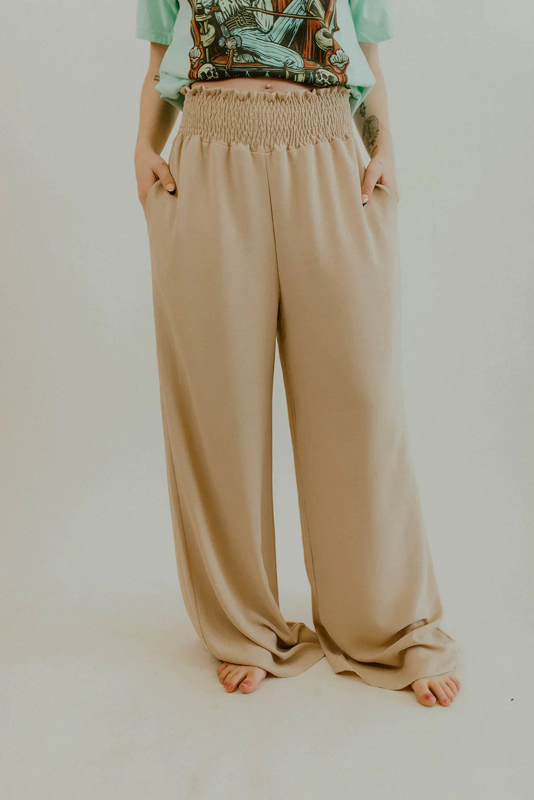 Taupe Smocked Light Weight Wide Leg Pants