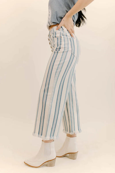 High Rise Wide Leg Striped Button Fly Jeans