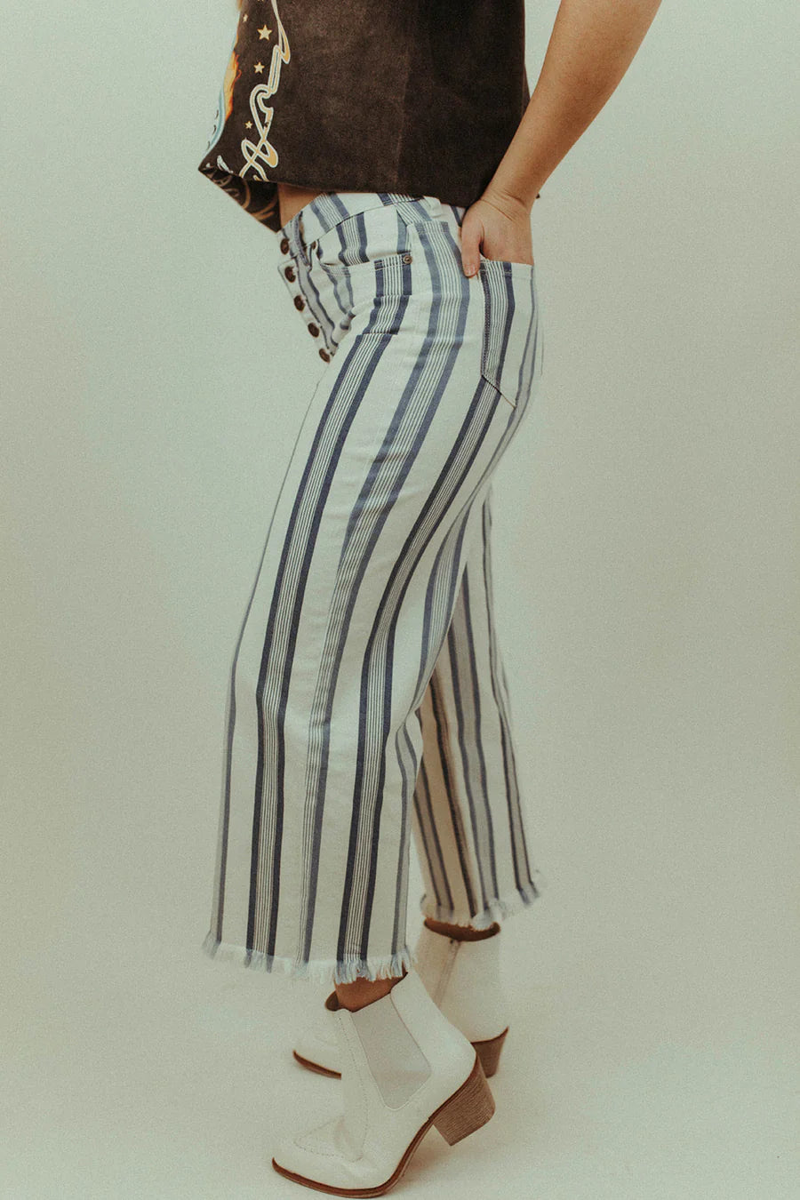 High Rise Wide Leg Striped Button Fly Jeans
