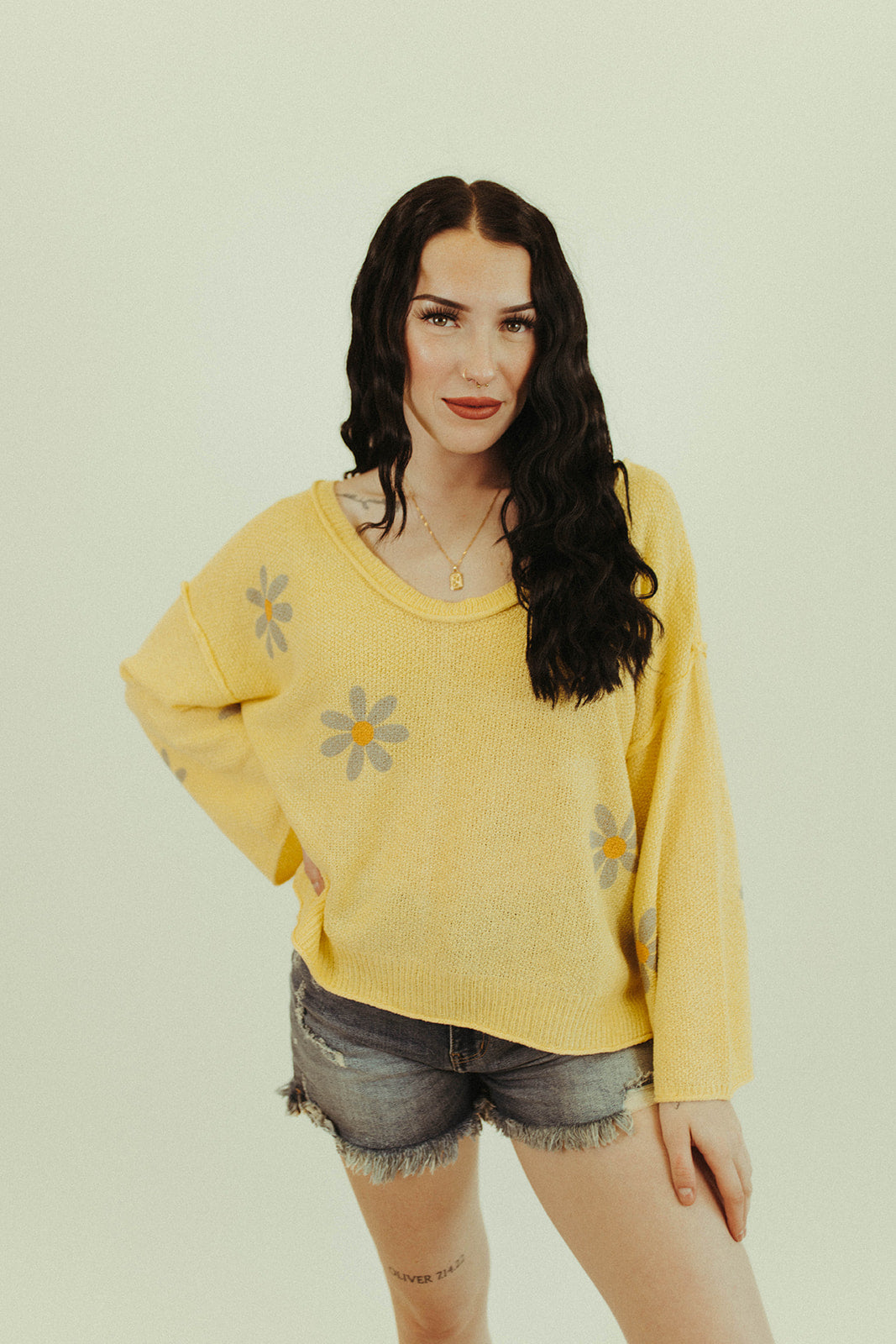 Yellow Flower Print Relaxed Fit Sweater