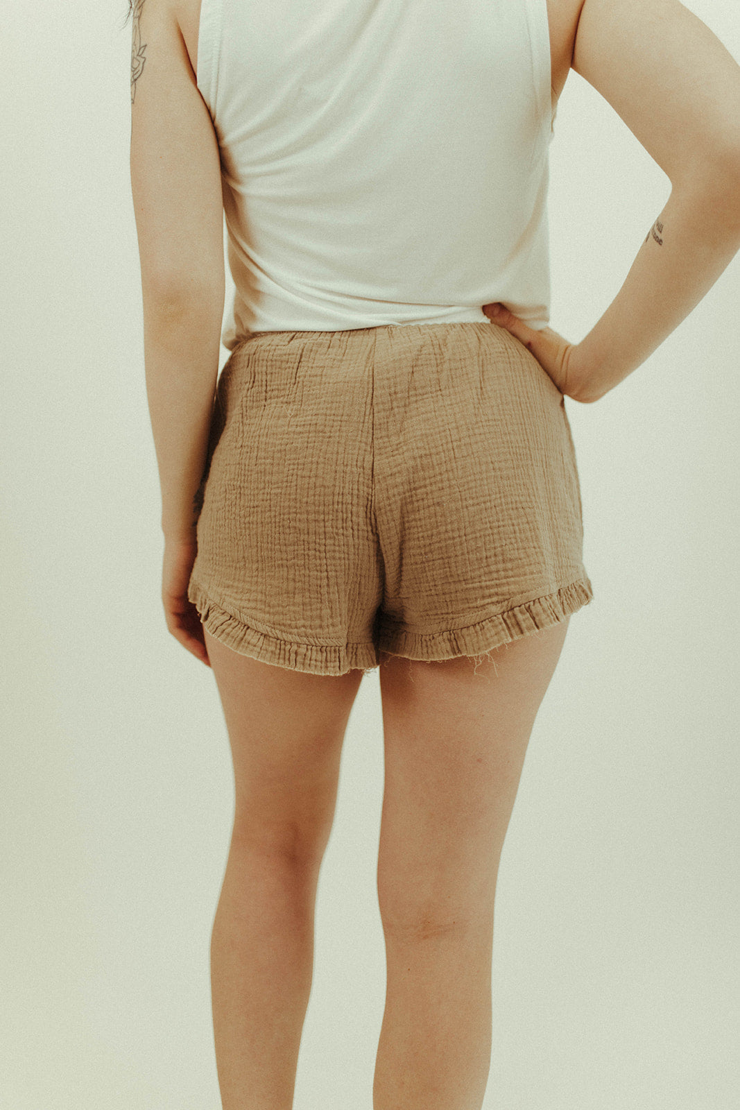 Raw Hem Ruffle Shorts - Taupe
