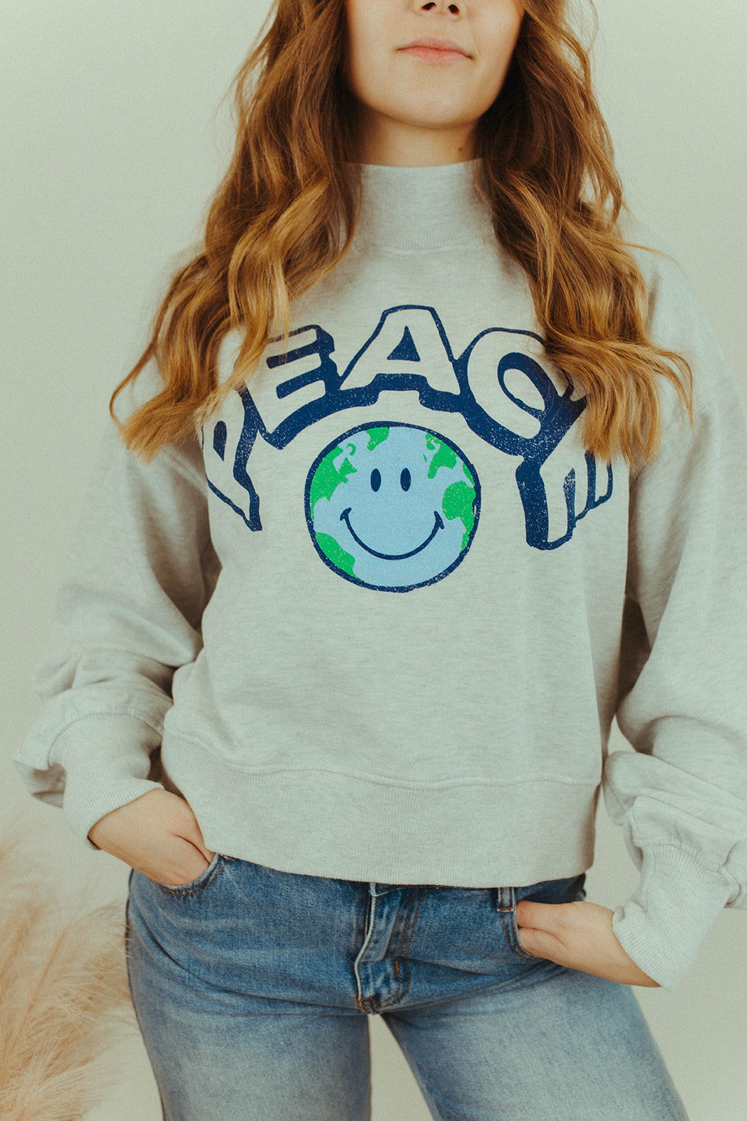 Peace Earth Smile Gray Cropped Turtleneck Sweatshirt